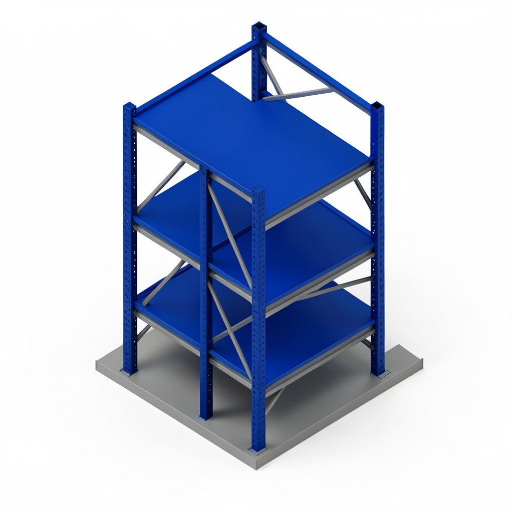 Isometric 3D render of a heavy-duty industrial cantilever pallet rack in deep blue and steel grey tones, conveying a sturdy, orderly warehouse storage mood
