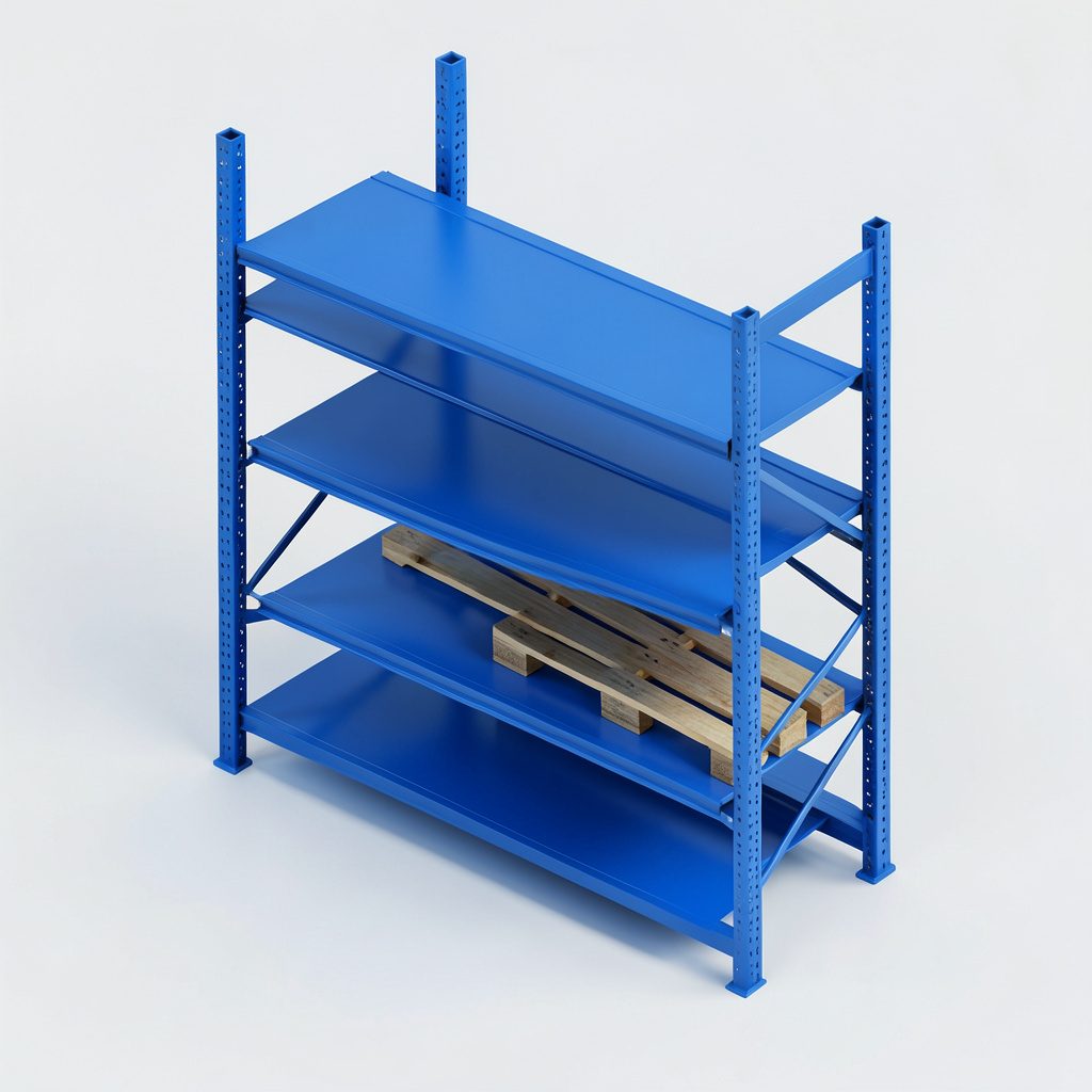 Isometric 3D render of a multi-tier steel industrial cantilever warehouse storage rack holding pallets, shown in muted blue and warm steel tones