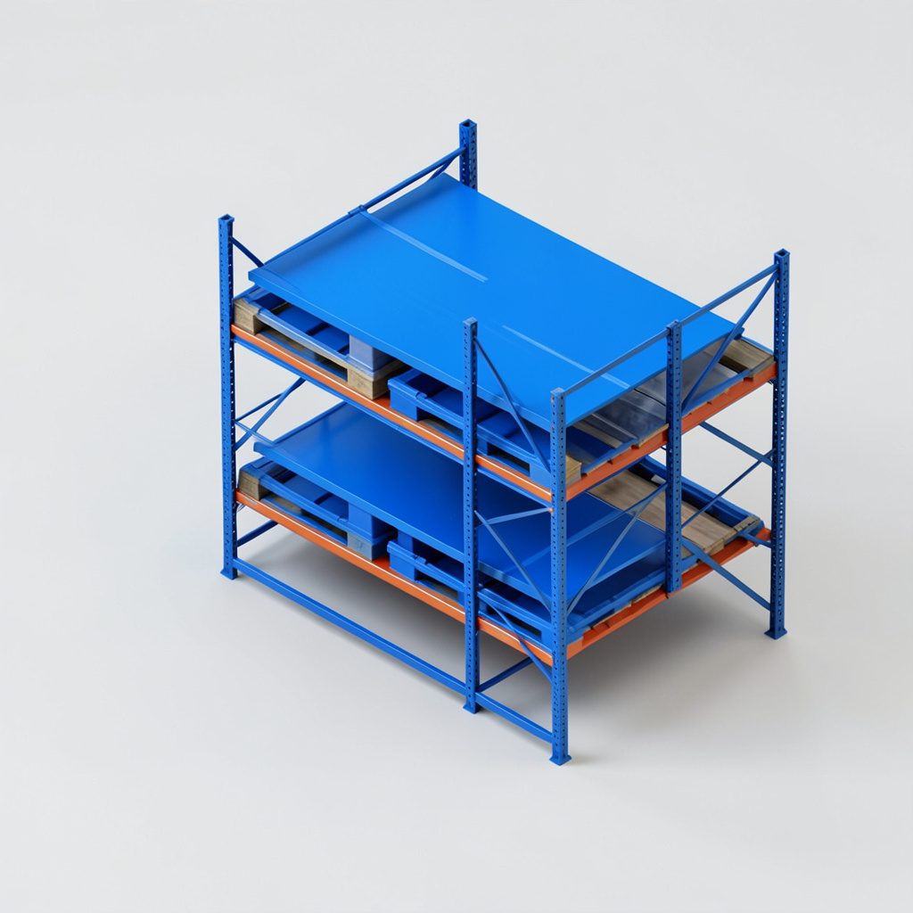 Isometric 3D render of warehouse pallet cantilever racking in steel blue and silver, clean industrial look