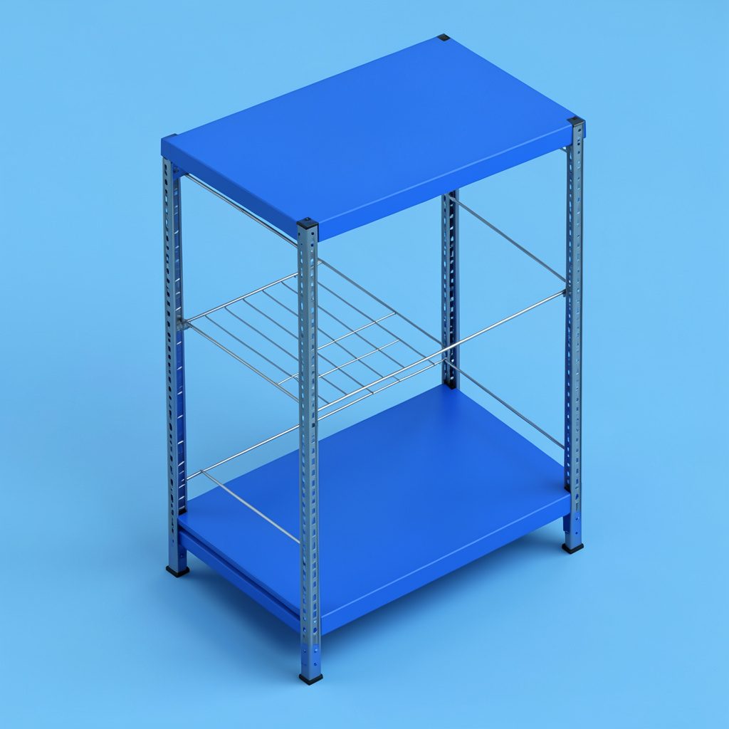 Heavy-duty steel shelving rack with solid top panel in a commercial warehouse setting, dark charcoal and silver tones