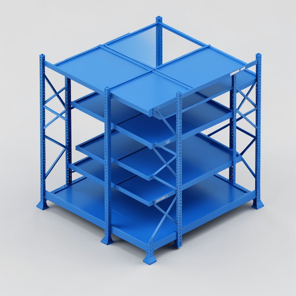 Double-sided configuration heavy cantilever pallet racks in a spacious warehouse, deep blue-grey structural steel