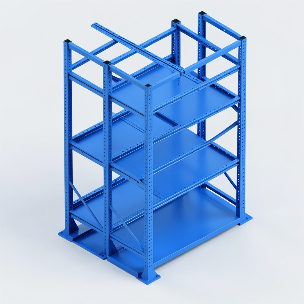 Isometric 3D render of a cantilever racking system made from structural steel in charcoal and warm brown tones, arranged in a tidy industrial yard