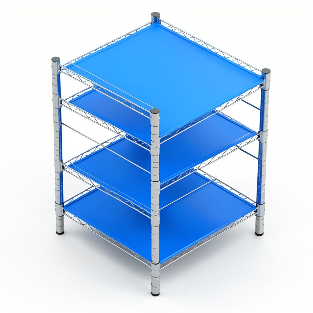 Isometric 3D render of a chrome multi-tier commercial wire shelving rack in silver and off-white tones, neat and utilitarian