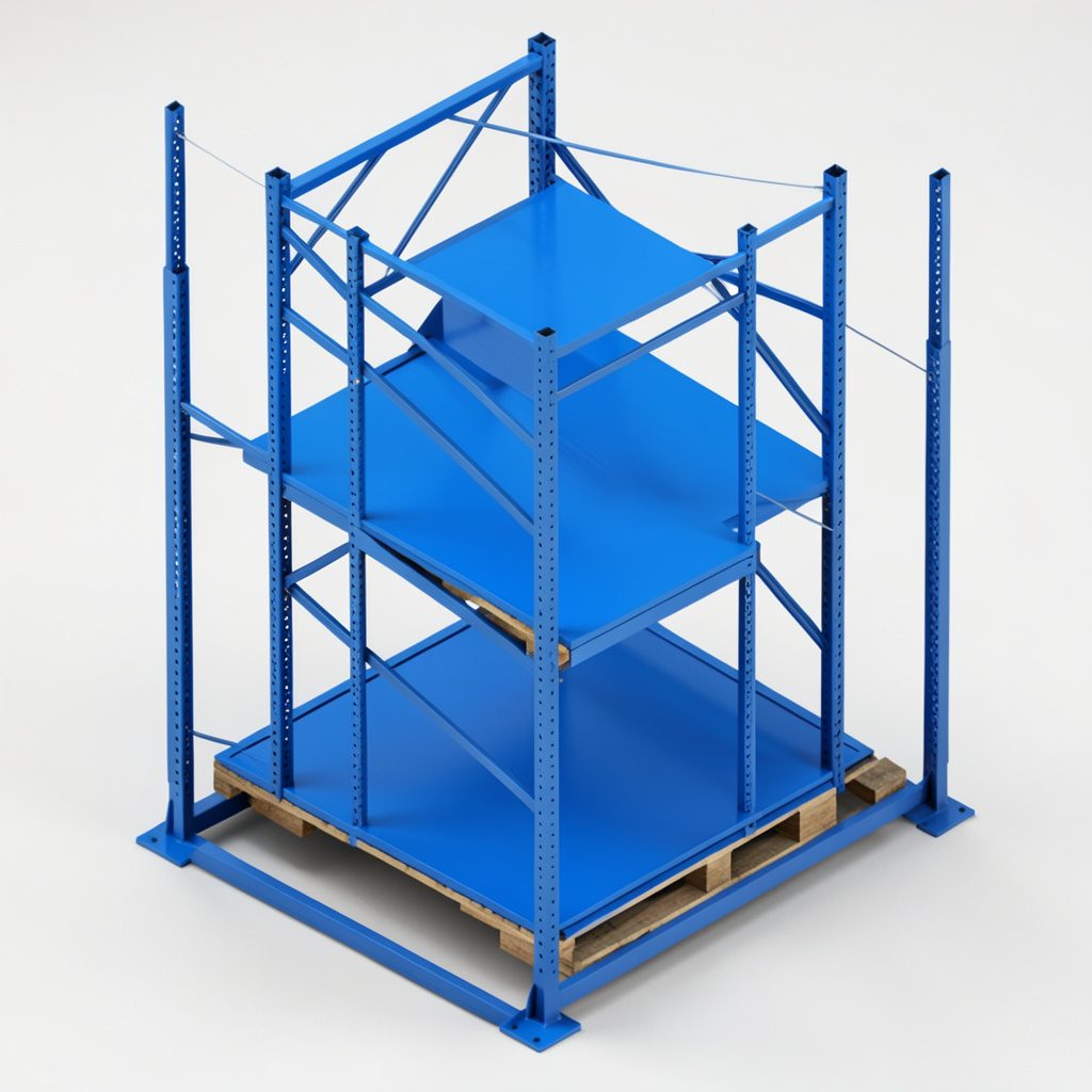 Isometric 3D render of steel warehouse racking system in charcoal and metallic silver, orderly storage environment