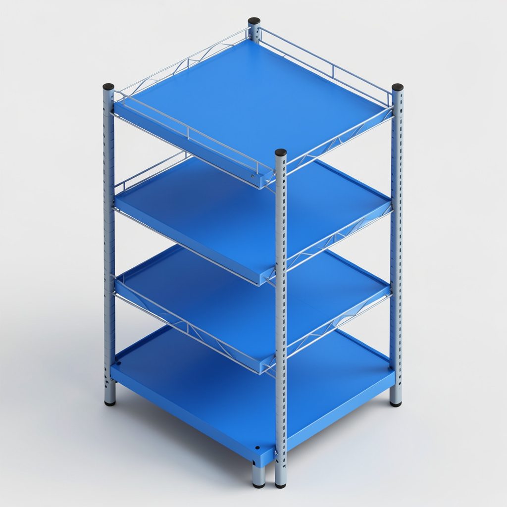 Isometric 3D render of a five-tier adjustable wire metal shelving rack in silver and charcoal tones, clean industrial mood