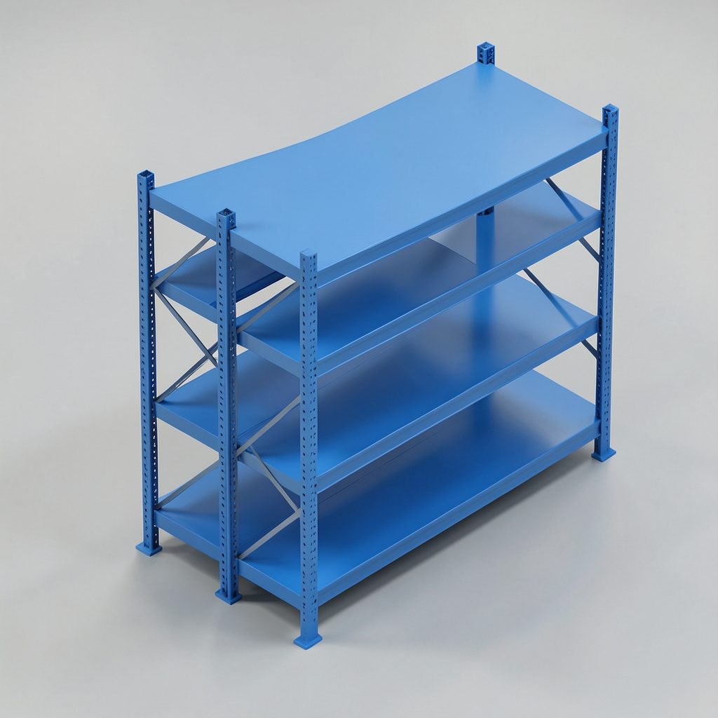 Heavy-duty cantilever pallet racking in a warehouse setting, steel grey and deep blue tones, industrial atmosphere