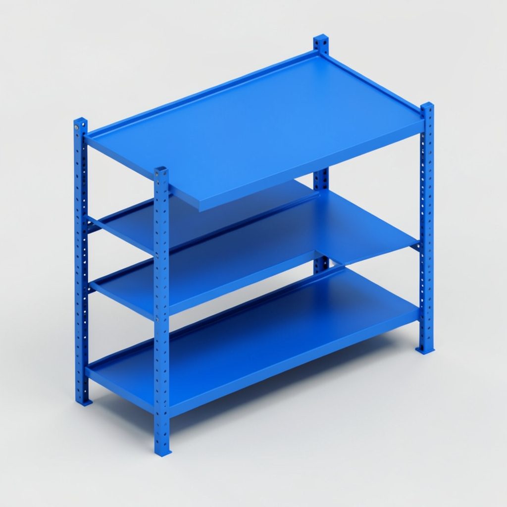 Commercial wrought iron shelf system warehouse rack, dark metal finish with warm industrial lighting