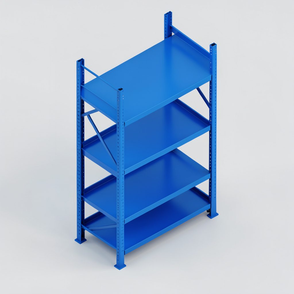 Isometric 3D render of a heavy-duty steel mezzanine racking structure in dark grey and muted blue tones, conveying industrial scale